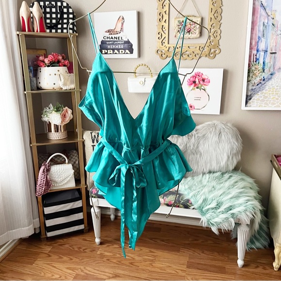 Vintage Victoria's Secret teal satin ruffle cinched waist bodysuit size medium - Picture 5 of 16